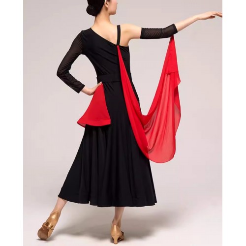 Women black with red flowy ballroom dance dresses slant neck one shoulder waltz tango foxtrot smooth dance long gown for female 